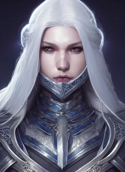 Image similar to light azure armor!!! long wild white hair!! covered chest!!! fantasy, d & d, intricate ornate details, digital painting, pretty face!!, symmetry, concept art, sharp focus, illustration, art by artgerm! greg rutkowski magali villeneuve wlop! ilya kuvshinov!!, octane render