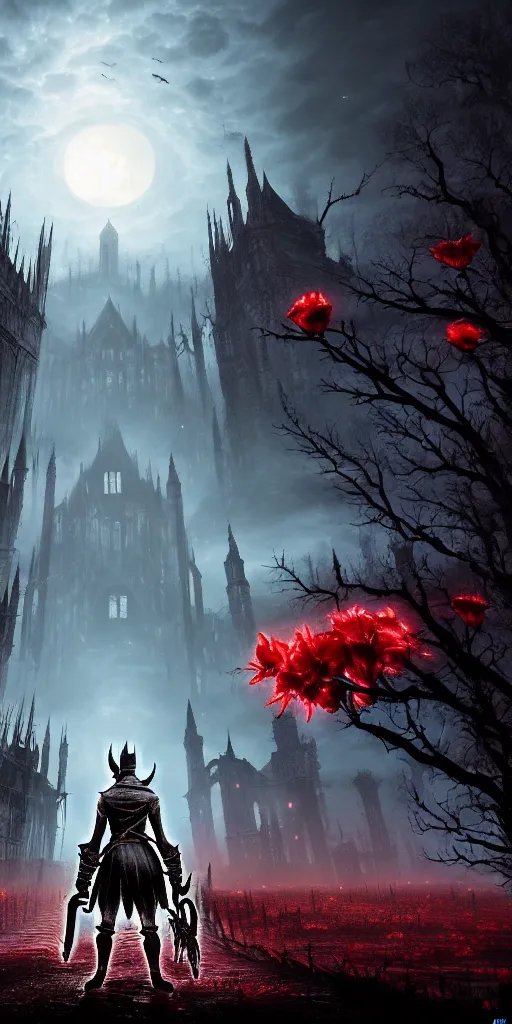 Image similar to abandoned bloodborne old valley with a obscure person at the centre and a ruined gothic city in the background, trees and stars in the background, falling red petals, epic red - orange moonlight, perfect lightning, wallpaper illustration by niko delort and kentaro miura, 4 k | 8 k, ultra realistic