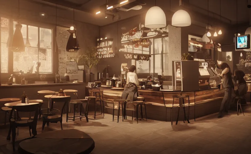 Prompt: a coffe shop, octane render, artstation trending, highly detailded