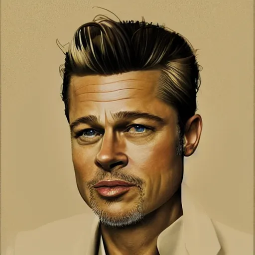 Prompt: portrait of brad pitt in a still of the rum diary movie, rolf armstrong, clemens ascher, christopher balaskas, bo bartlett, gustave baumann, trending in artstation, detailed, profile picture, concept art, matte, very coherent symmetrical artwork, no signature, no watermark,