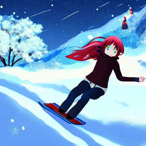 Prompt: An anime girl tobogganing down a hill, the snow flying around her, digital art