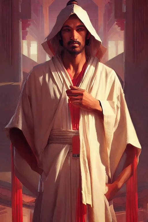 Image similar to male, temple, taoism, painting by greg rutkowski, j. c. leyendecker, artgerm