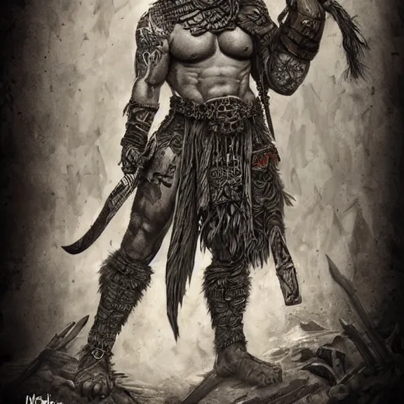 Image similar to Barbarian Warrior , body covered in war tattoos and wicca runes , D&D, fantasy, highly detailed, digital art, trending on artstation, smooth, sharp focus, illustration, art by mike hoffman