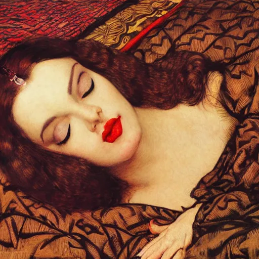 Prompt: reclining on bed, hybrid of judy garland and nicki minaj, aged 2 5, brown fringe, huge downslanted eds eyes, large full lips, wide shot, yellow ochre ornate medieval dress, john william waterhouse, kilian eng, rosetti, john everett millais, william holman hunt, william morris, 4 k