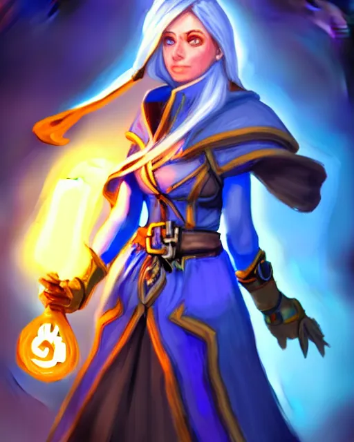 Image similar to perfectly - centered!! looking at the camera!!! full body portrait of the female blue mage, bright lighting, by hearthstone, concept art, hearthstone mastered art