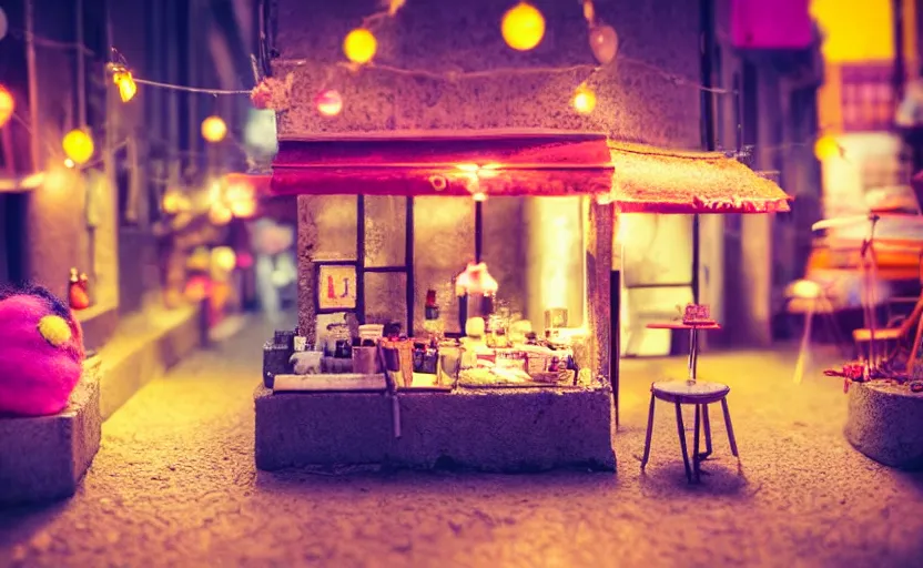 Prompt: mini cafe diorama macro photography, alleyway, cafe for felted animals, ambient, colorful paper lanterns, atmospheric photograph, string lights, romantic