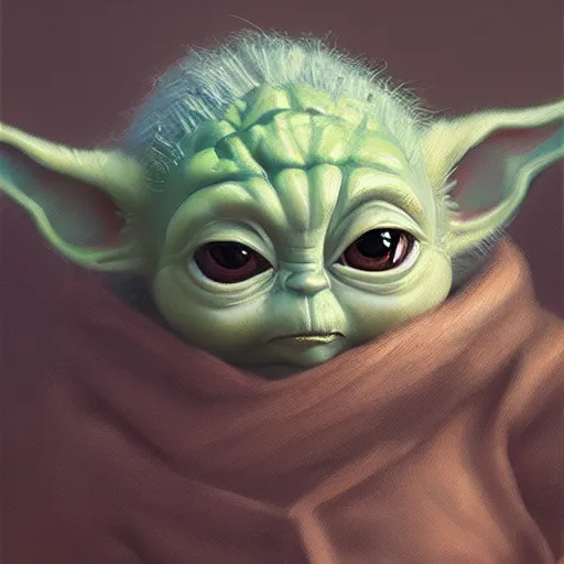 Image similar to very detailed masterpiece painting of baby yoda, portrait, artstation, concept art by greg rutkowski