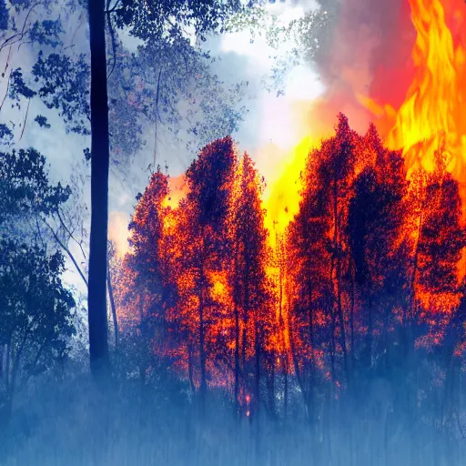 Image similar to a forest burning with blue fire, tragic scene, render