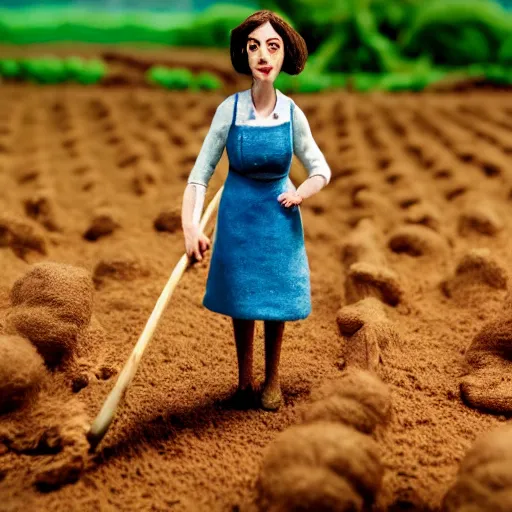 Image similar to a cinematic film still of a claymation stop motion film starring anne hathaway as female farmer with pitchfork, shallow depth of field, 8 0 mm, f 1. 8