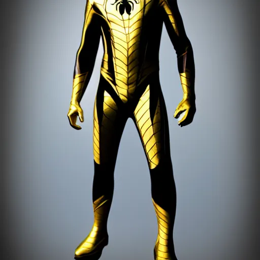 Image similar to gold spider - man suit with black web lining, cinematic, volumetric lighting, realistic, hyperdetailed, photorealistic, photograph