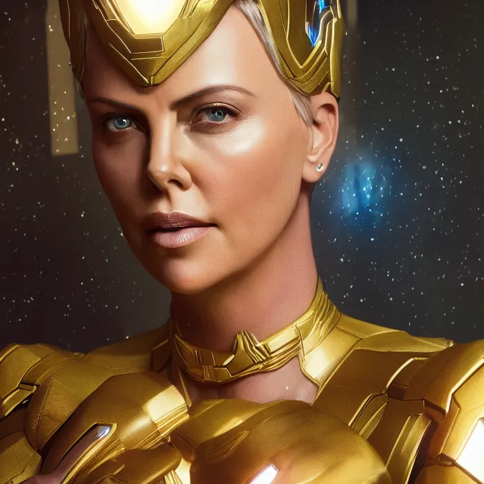 Image similar to portrait of (Charlize Theron), wearing The Infinity Gauntlet. (((infinity stones))) intricate artwork. octane render, trending on artstation, very coherent symmetrical artwork. avengers. thanos. cinematic, hyper realism, high detail, octane render, 8k, iridescent accents