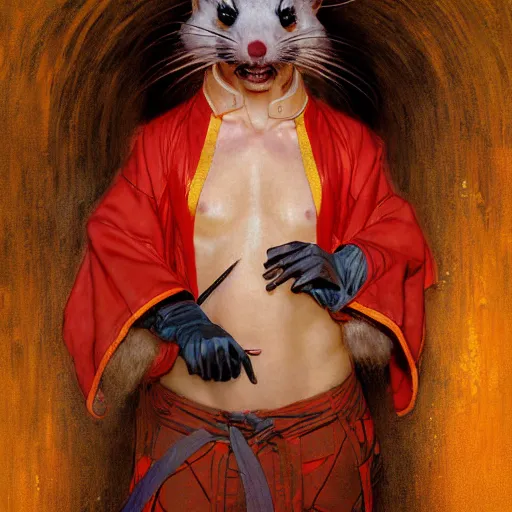 Image similar to a portrait of a male splinter ninja rodent mutant in a red kimono in the sewers. furaffinity furry art detailed face painting by gaston bussiere craig mullins jc leyendecker gustav klimt artgerm greg rutkowski furry