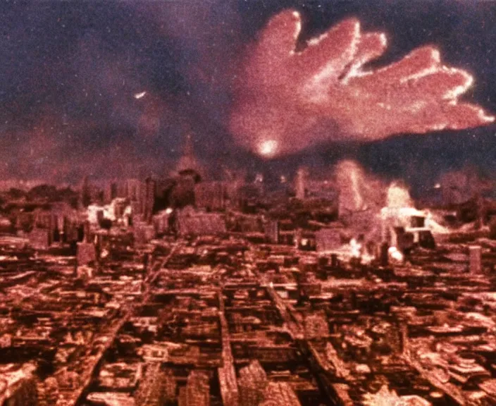 Image similar to Pulgasari the North Korean starfish monster destroying Pyongyang city, volumetric lighting, filmstill, produced by Kim Jong-il, Kodachrome, kaiju-eiga, monster movie, communist propaganda, film noir, 35mm film grain, Cooke Varotal 20-100mm T3.1, in the style of Ishirō Honda and Stanley Kubrick