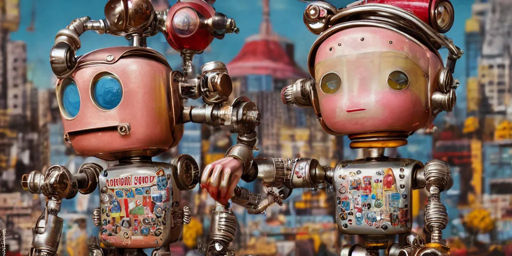 Image similar to closeup portrait of tin toy retro robot city diorama, depth of field, f 3 2, zeiss lens, detailed, centered, fashion photoshoot, by nicoletta ceccoli, mark ryden, lostfish, breathtaking, 8 k resolution, extremely detailed, beautiful, establishing shot, artistic, hyperrealistic, octane render, - h 8 0 4