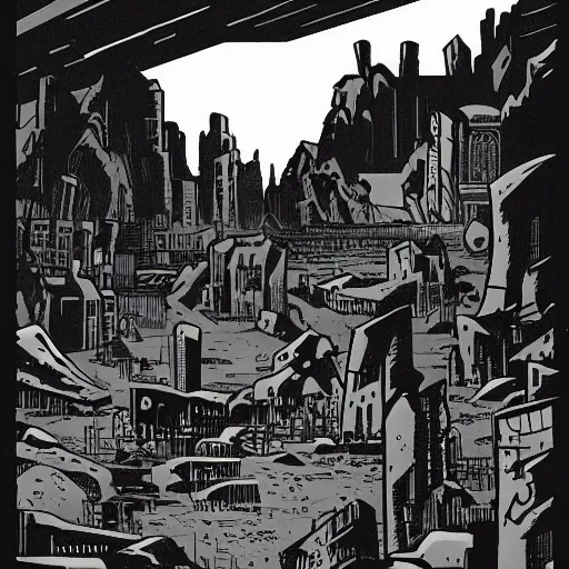 Prompt: landscape of apocalypse city, grayscale, by mike mignola