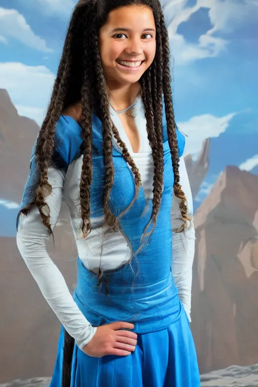 Prompt: full-length photo of real life Katara from Avatar, smiling, looking at camera