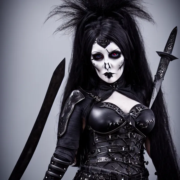 Prompt: professional full length photograph of a beautiful female goth warrior. Extremely detailed. 8k
