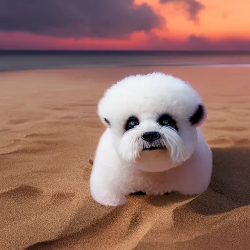 Image similar to a closeup photorealistic photograph of panda themed white bichon frise smiling on the beach at sunset. This 4K HD image is Trending on Artstation, featured on Behance, well-rendered, extra crisp, features intricate detail and the style of Unreal Engine.