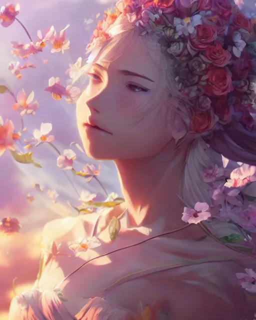 Image similar to the goddess of flowers, full shot, atmospheric lighting, detailed face, by makoto shinkai, stanley artgerm lau, wlop, rossdraws