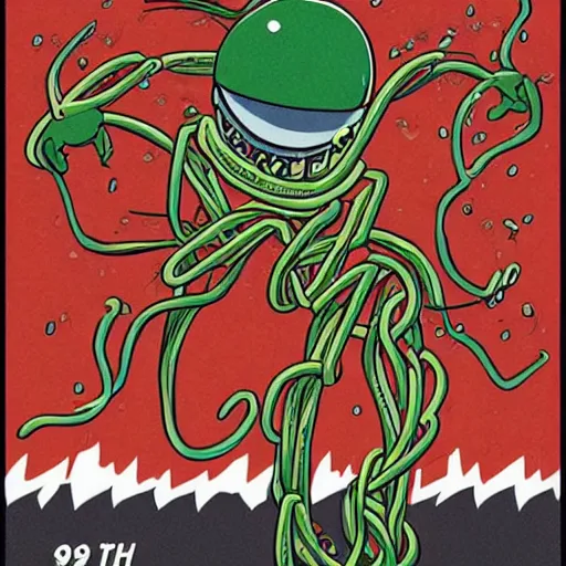 Prompt: the sphagetti monster in the style of 1 9 6 0 s, atheism god