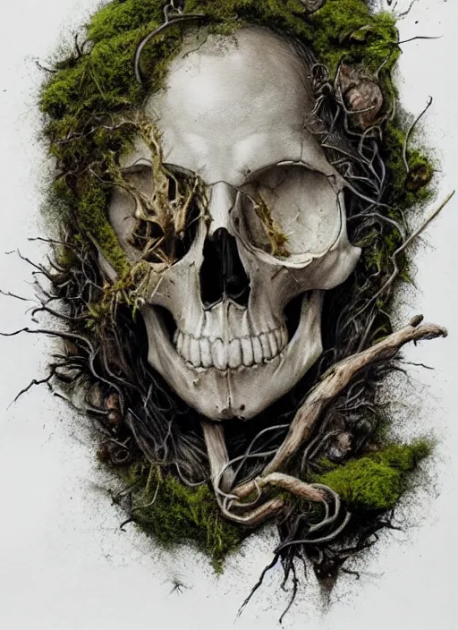 Image similar to portrait, bird skull, moss, driftwood, witches, watercolor, dramatic lighting, cinematic, establishing shot, extremely high detail, foto realistic, cinematic lighting, pen and ink, intricate line drawings, by Yoshitaka Amano, Ruan Jia, Kentaro Miura, Artgerm, post processed, concept art, artstation, matte painting, style by eddie mendoza, raphael lacoste, alex ross