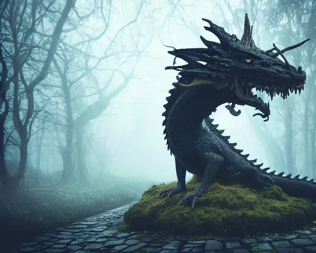 Image similar to An overgrown statue of a dragon in a dark forest, winter, raining, large leaves, epic scale, immaculate lighting, dramatic and cinematic composition, digital art, trending on Artstation, detailed