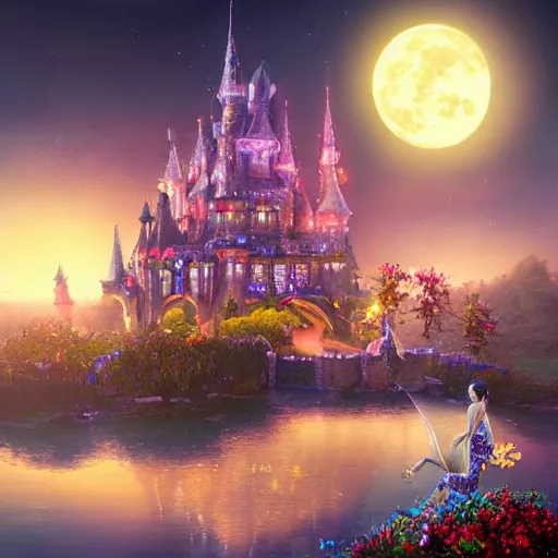 Image similar to a single glittering fairy castle at night, a full moon, water and colourful flowers, extremely detailed oil painting, unreal 5 render, fantasy digital art, octane render, beautiful composition, trending on artstation, award-winning photograph, masterpiece