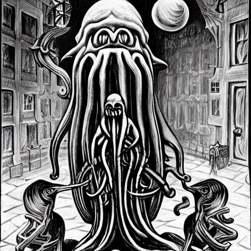 Prompt: Cthulhu Christmas by Charles Addams and H.R. Giger