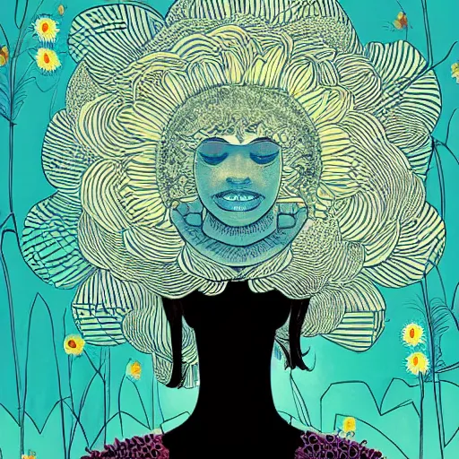 Prompt: closeup, huge daisy flower as a head, woman standing in modern apartment, surreal, dramatic light, by victo ngai by james jean, by rossdraws, frank franzzeta, mcbess