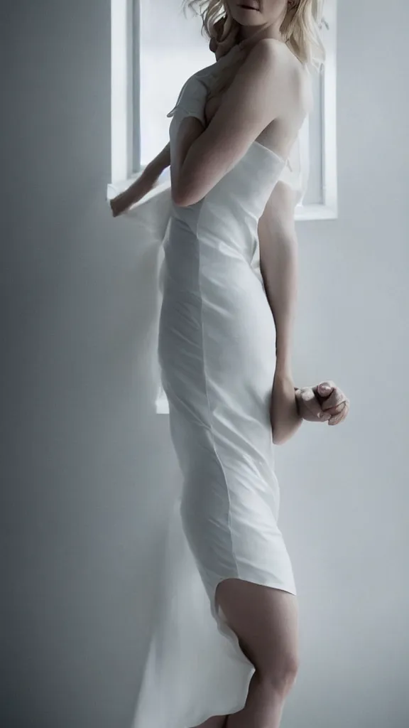 Image similar to emily skinner cosplaying annie leonhart wearing open toe heels and wearing a white dress in a white room looking up, beautiful face, pale skin, rule of thirds, cinematic lighting, rainy weather, melancholy atmosphere, sharp focus, backlit, stunning, smooth, hard focus, full body shot, studio photo, shot on sony a 7 iii, hyper realistic,