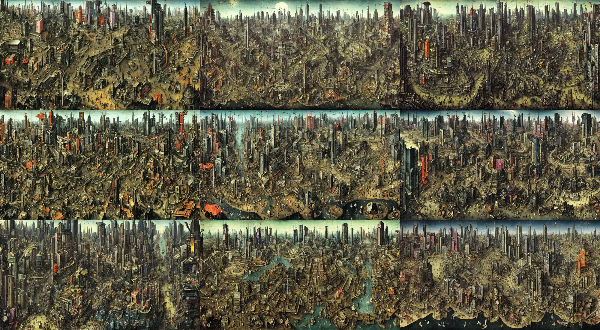 Prompt: bustling cyberpunk city in the style of hieronymus bosch