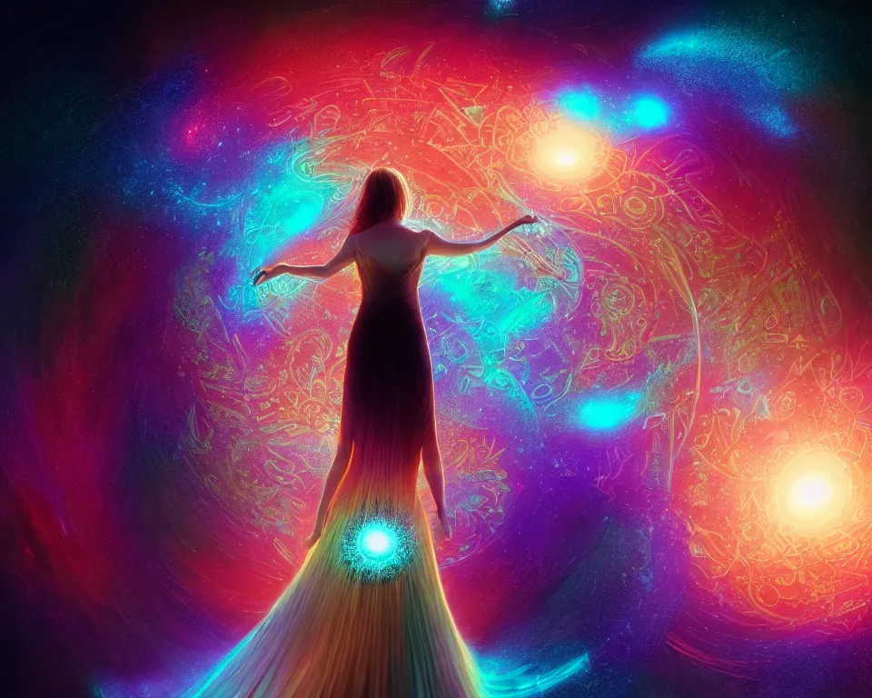 Image similar to a beautiful whimsical woman standing under a multi-colored binary blackhole with an accretion disc, casting magic, glowing trails following her arms, intricate repeating geometric patterns, fractals, by Ross Tran, by Greg Rutkowski, by artgerm, by beeple, by moebius, cinematic angle, volumetric lighting, 4k resolution, octane render, trending on artstation, masterpiece