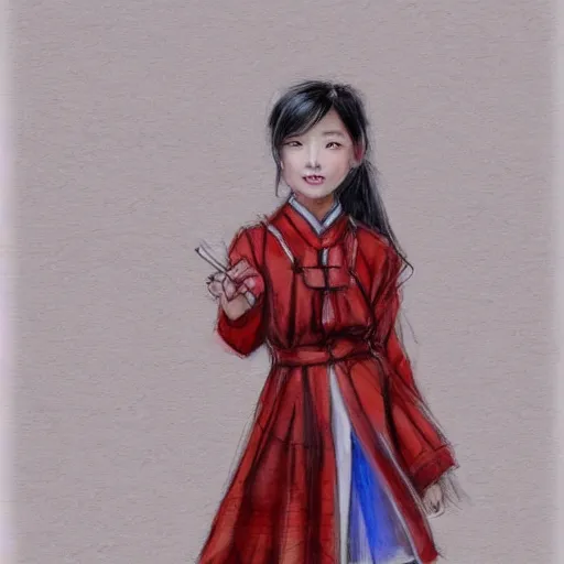 Image similar to a perfect, realistic professional digital sketch of a Chinese schoolgirl posing, in style of Marvel, full length, by pen and watercolor, by a professional American senior artist on ArtStation, a high-quality hollywood-style sketch, on high-quality paper