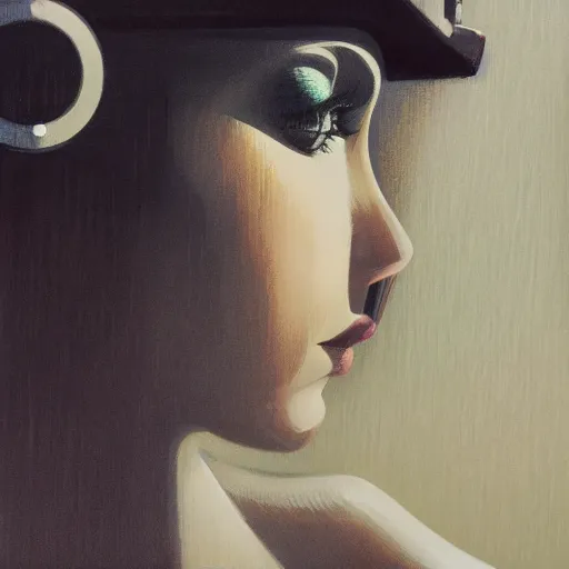 Image similar to detailed face of a woman, clockwork, moment, tectonic sky, skydome, bullet train, turbines, utopian, tech noir, wet reflections, prism, atmospheric, ambient, pj crook, syd mead, malcom t liepke, emma uber, edward hopper