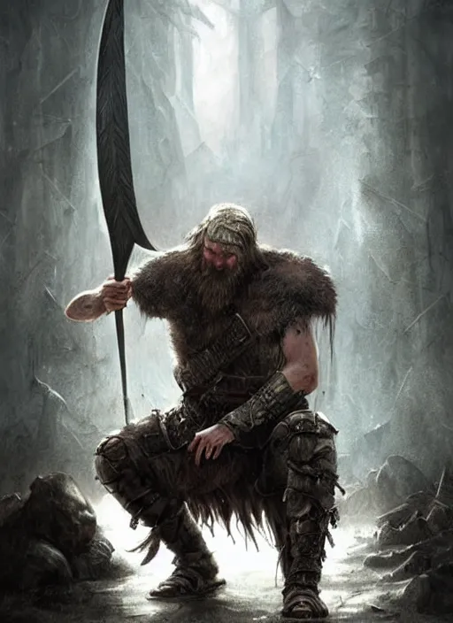 Prompt: aesthetic digital illustration of a defeated viking warrior on his knees by anne stokes, greg rutkowski, and brian belle din | dirty and bloody, concept art, character concept, matte background. unreal engine, finalrender, centered, deviantart, artgerm