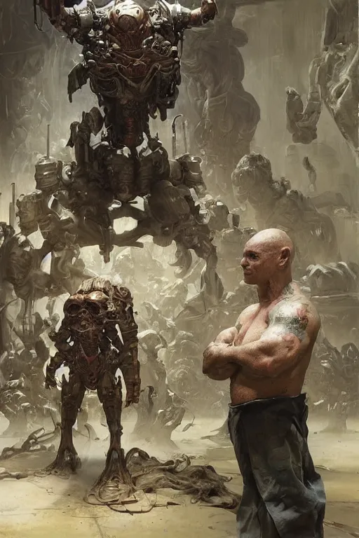 Image similar to scientists in a laboratory observe a martyn ford as a huge bipedal martian wearing armour, painted by ruan jia, raymond swanland, lawrence alma tadema, zdzislaw beksinski, norman rockwell, jack kirby, tom lovell, alex malveda, greg staples