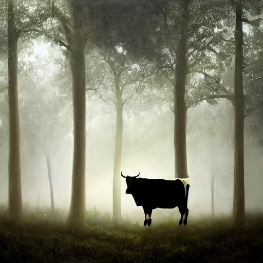 Image similar to Highly realistic painting of a cow standing in the middle of a dark forest, oak trees, fog, moody lighting, volumetric lighting