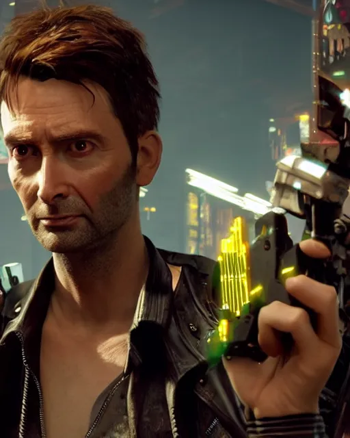 Image similar to David Tennant in the role of Johnny Silverhand from Cyberpunk 2077, amazing short, 8K, IMAX, ultra detailed