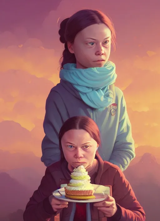 Image similar to highly detailed portrait of greta thunberg eating cakes, stephen bliss, unreal engine, greg rutkowski, loish, rhads, beeple, makoto shinkai and lois van baarle, ilya kuvshinov, rossdraws, tom bagshaw, tom whalen, alphonse mucha, global illumination, god rays, detailed and intricate environment