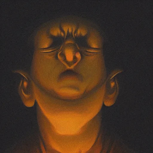 Image similar to Close up of a young, thin and stern catholic priest fervently praying as he is about to die from the ominous Lovecraftian yellow shadow descending upon him from the night sky. The yellow shadow feels very oppressive and terrifying. Low angle, dramatic lighting. Award-winning digital art, trending on ArtStation