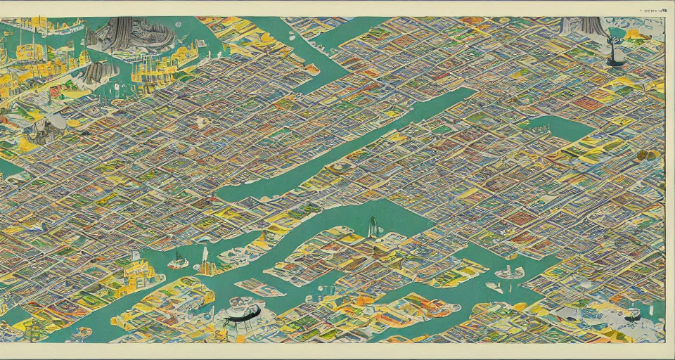 Prompt: 3 d isometric information map of a city island. time series charts, pie plots and other modern graphics. diego rivera ( ukiyo - e influence ). botanical illustration. hyperdetailed.