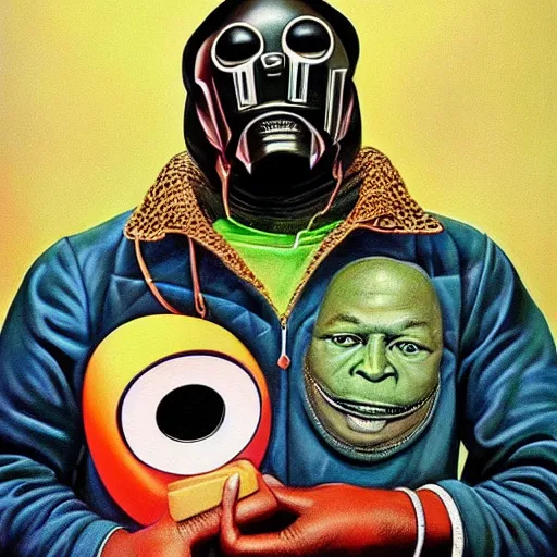 Image similar to beautiful lifelike painting of mf doom forgets his pot holders, hyperreal detailed facial features and uv lighting, art by ed roth and basil wolverton