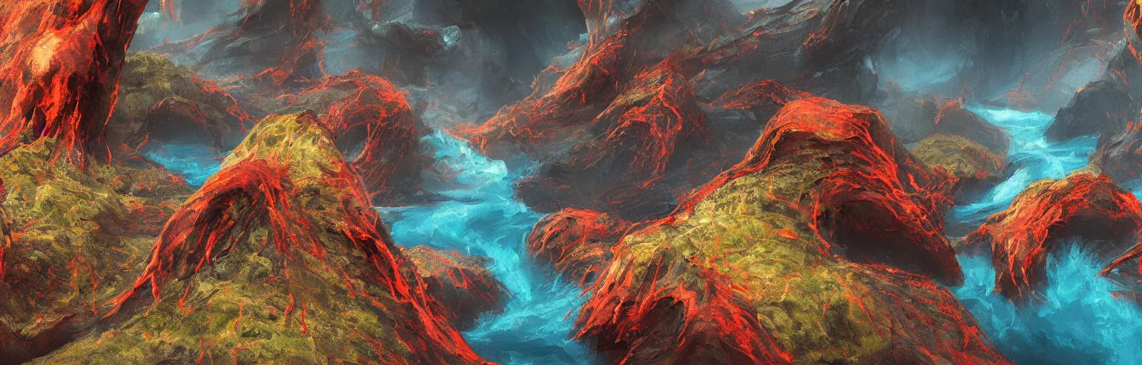 Image similar to painting of lava river scene on an alien planet by vincent bons. ultra sharp high quality digital render. detailed. beautiful landscape. weird vegetation. water.