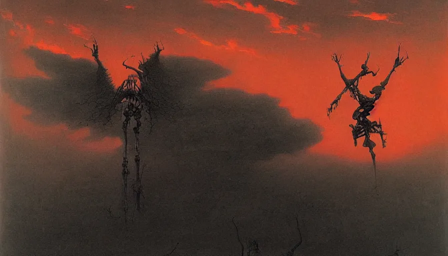 Image similar to landscape painting, the skeletal angel of death descends from the heavens, artwork by zdzislaw beksinski, red sky