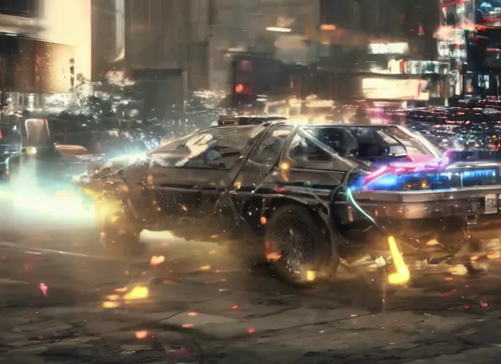 Image similar to a cyberpunk delorean breaking the space - time continuum, energy and time particles, dramatic framing, movie footage, 8 k