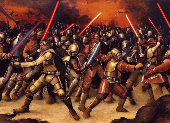 Image similar to medieval oil painting depicting the jedi knights fight on geonosis in attack of the clones, realistic, sharp, uhd