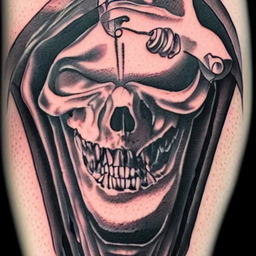 Prompt: a tattoo of the album cover for the black album by the damned