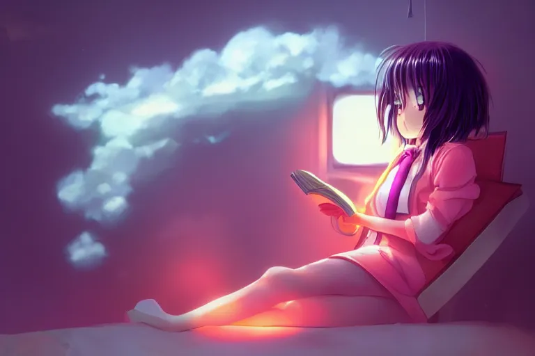Image similar to a cute anime girl reading a book on a cloud relaxing, misty, glows, digital art, hazy, foggy, ambient lighting, 8 k, neon, synthwave,