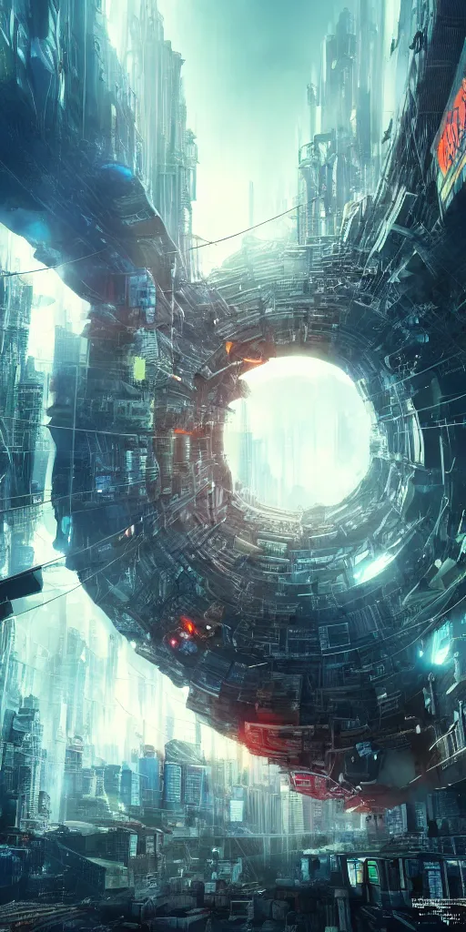 Image similar to a giant portal destroying a dystopian city, cyberpunk, sharp focus, dynamic lights, still, photograph, hyper realistic, masterpiece, octane render, rendered, 3 d, cinematic, cinematic lighting, dramatic lighting, highly detailed, intricate details, texture, cinematic composition, wide shot, by donglu yu and kevin jick and eddie del rio