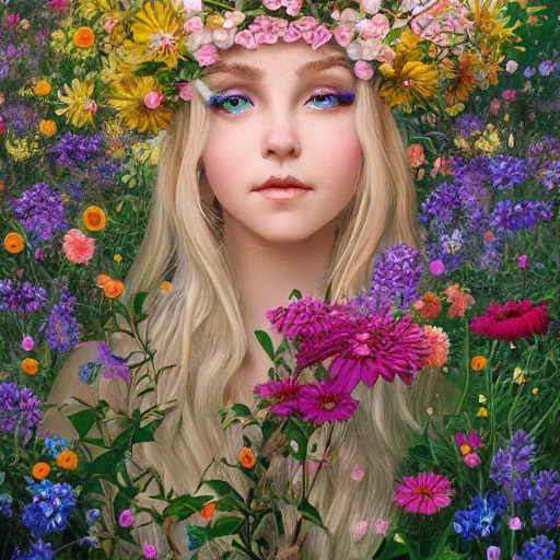 Image similar to A beautiful elf goddess with long blonde hair in a detailed floral dress, in front of a vivid field of flowers, by Larry Elmore, Tom Bagshaw, Viktoria Gavrilenko, Ilya Kuvshinov, Shin JeongHo, kiernan shipka